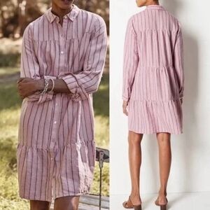 J. Jill Love Linen Pink Striped Linen Shirt Dress Long Sleeve  SZ M